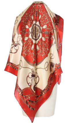 Ekskluzywna apaszka z jedwabiu chusta włoska Marina D'Este 90x90 Italian Silk czerwona kremowa