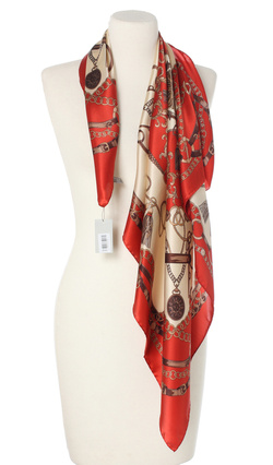 Ekskluzywna apaszka z jedwabiu chusta włoska Marina D'Este 90x90 Italian Silk czerwona kremowa