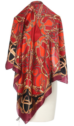 Ekskluzywna czerwona bordowa apaszka z jedwabiu chusta włoska w łańcuchy Marina D'Este 90x90 Italian Silk