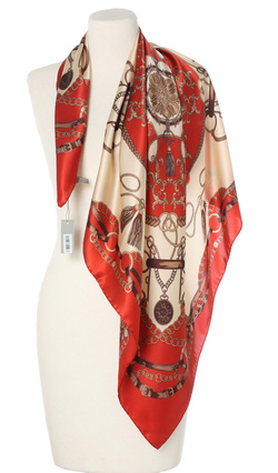 Ekskluzywna apaszka z jedwabiu chusta włoska Marina D'Este 90x90 Italian Silk czerwona kremowa