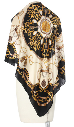 Ekskluzywna apaszka z jedwabiu chusta włoska w łańcuchy Marina D'Este 90x90 Italian Silk kremowo czarna