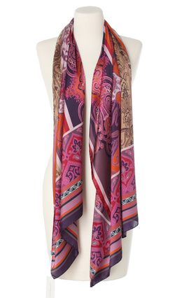 Włoski jedwabny duży szal do sukienki Laura Biagiotti 70x180cm 100% jedwab silk seta Ornament magenta