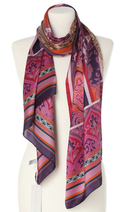 Włoski jedwabny duży szal do sukienki Laura Biagiotti 70x180cm 100% jedwab silk seta Ornament magenta