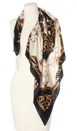 Ekskluzywna apaszka z jedwabiu chusta włoska w łańcuchy Marina D'Este 90x90 Italian Silk kremowo czarna