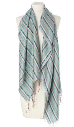 Szal szalik pashmina 70x180cm całoroczny do płaszcza wiskoza z jedwabiem w paski niebieski