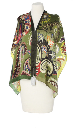 Włoski jedwabny duży szal do sukienki zielony Marina D'Este 45x150cm 100% jedwab silk seta Print 