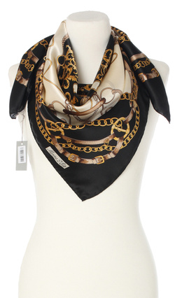 Ekskluzywna apaszka z jedwabiu chusta włoska w łańcuchy Marina D'Este 90x90 Italian Silk kremowo czarna