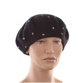 Włoski wełniany beret z antenką ozdobioną dżetami czarny 100% wełna Made in Italy