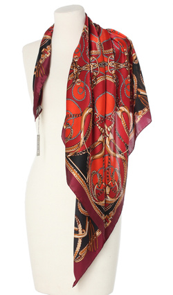 Ekskluzywna czerwona bordowa apaszka z jedwabiu chusta włoska w łańcuchy Marina D'Este 90x90 Italian Silk