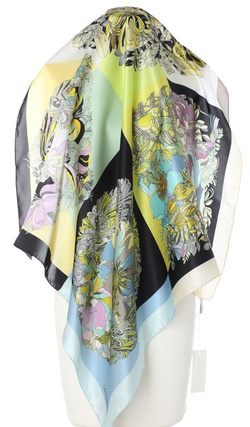 jedwabna Apaszka Chusta elegancka Laura Biagiotti 90x90cm w Kwiaty niebieska zielona