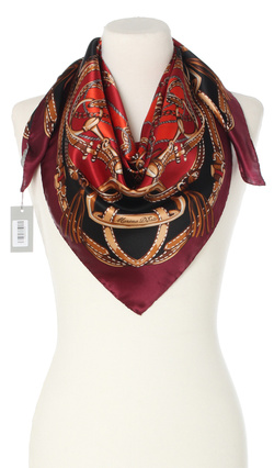 Ekskluzywna czerwona bordowa apaszka z jedwabiu chusta włoska w łańcuchy Marina D'Este 90x90 Italian Silk