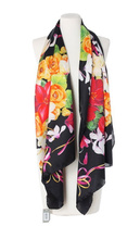 Jedwabny włoski duży szal czarny Marina D'Este 70x180cm 100% jedwab silk kwiaty