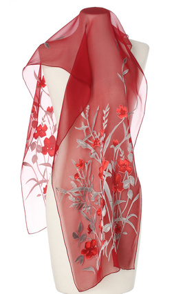 Jedwabny szal do sukienki czerwony 40x160cm 100% jedwab silk Kwiaty