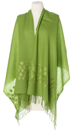 zielony wełniany szal z haftami Laura Verdiani 65x190cm duża elegancka chusta