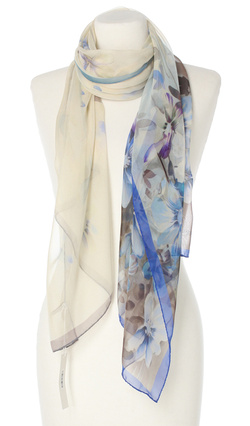 Włoski jedwabny duży szal do sukienki kremowy niebieski Laura Biagotti 65x175cm 100% szyfon jedwab silk seta Print 
