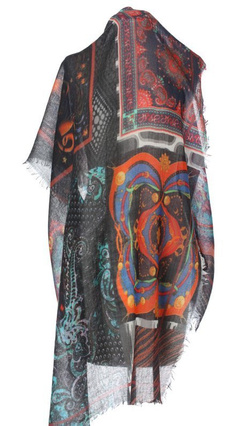Ekskluzywny Wełniany Duży Szal Chusta czarna Premium Laura Verdiani 70x180cm Nadruk