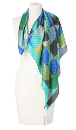 elegancka jedwabna Apaszka geometryczna Chusta Włoska turkus Marina D'Este ekskluzywna Italian Silk