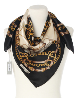 Ekskluzywna apaszka z jedwabiu chusta włoska w łańcuchy Marina D'Este 90x90 Italian Silk kremowo czarna