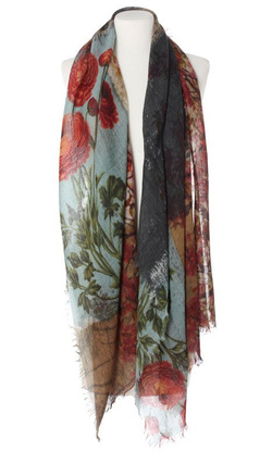 Wełniany Duży Szal Szalik Laura Verdiani 70x180cm w Kwiaty denim rudy