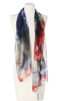 Jedwabny Szalik damski Włoski Marina D'Este 40x160cm Mgiełka Jedwab Szyfonowy Napisy