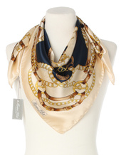 Ekskluzywna apaszka z jedwabiu chusta włoska w łańcuchy Marina D'Este 90x90 Italian Silk kremowo granatowa