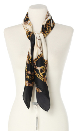 Ekskluzywna apaszka z jedwabiu chusta włoska w łańcuchy Marina D'Este 90x90 Italian Silk kremowo czarna