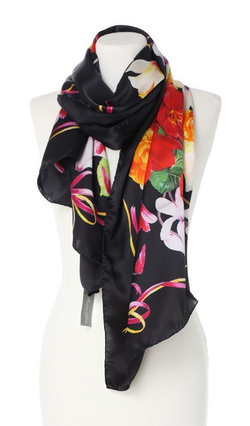 Jedwabny włoski duży szal czarny Marina D'Este 70x180cm 100% jedwab silk kwiaty 