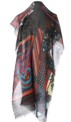 Ekskluzywny Wełniany Duży Szal Chusta czarna Premium Laura Verdiani 70x180cm Nadruk