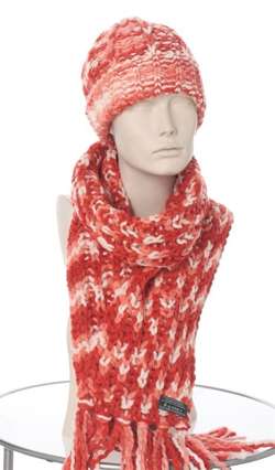 Ciepły komplet zimowy damski wywijana czapka i długi szalik Włoski wełna i akryl czerwony