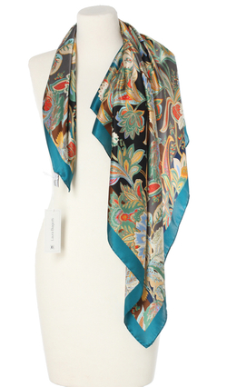 Elegancka jedwabna apaszka chusta włoska Laura Biagiotti ekskluzywna 90x90 Italian Silk morska turkusowa
