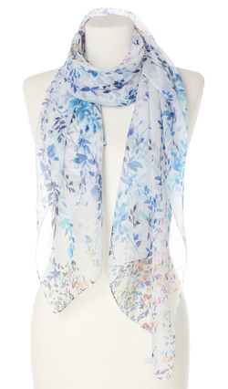 Włoski duży szal szalik biały w niebieskie listeczki 70x180cm do sukienki kwiatowy na elegancki prezent